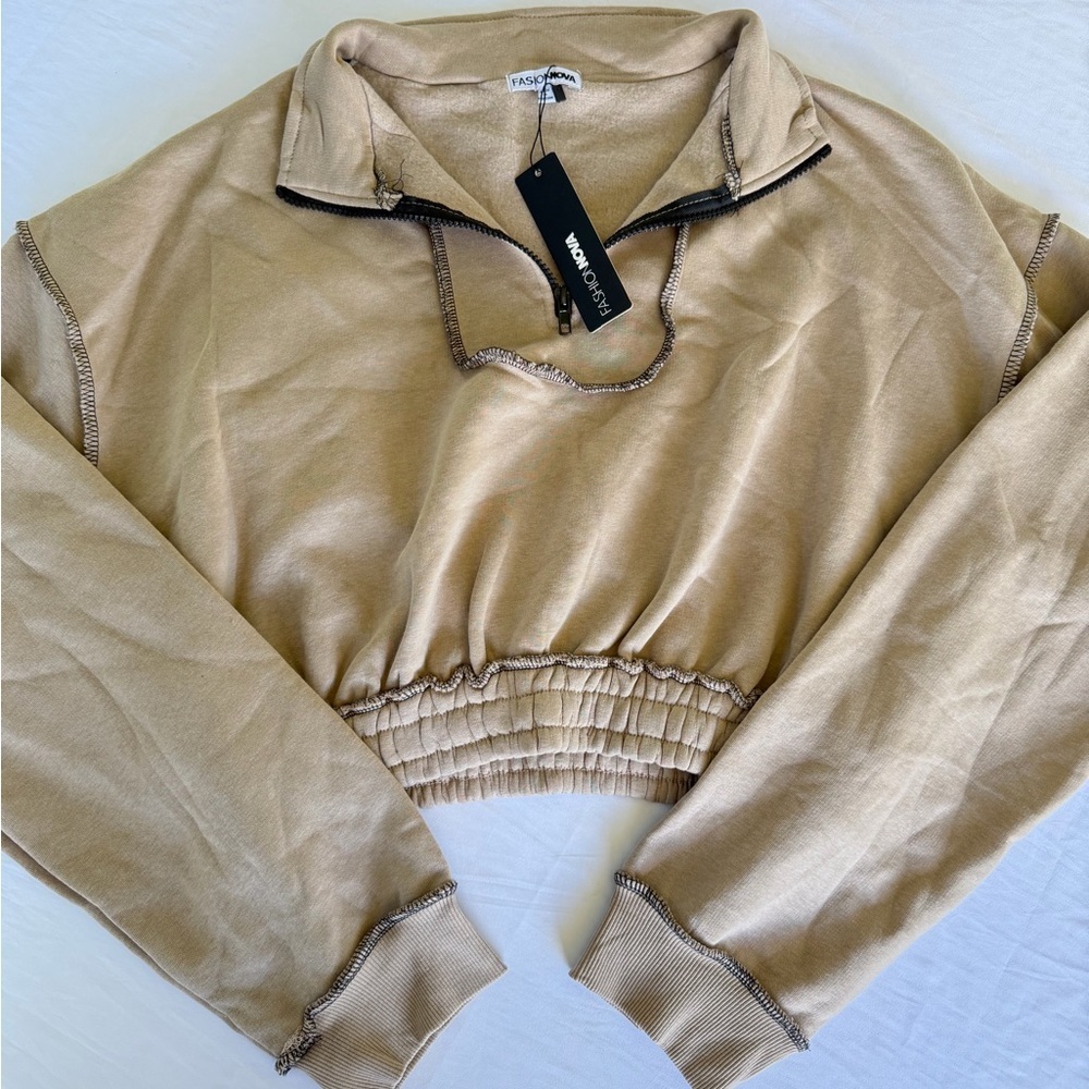 Fashion Nova Cropped Half Zip Cropped Sweater in Tan